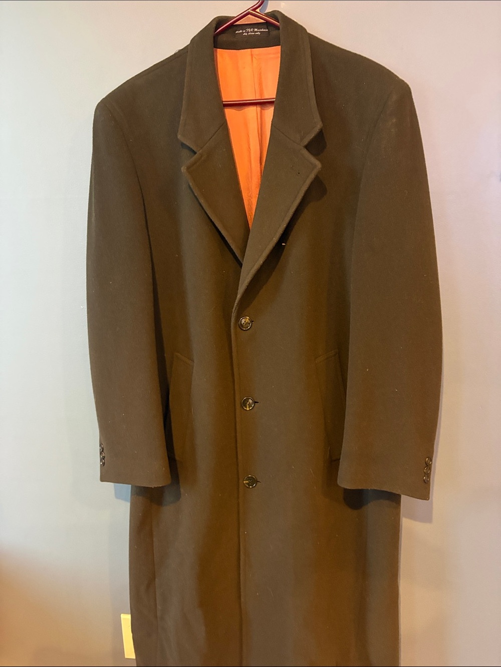 Men's Olive Pea Coat with Orange Lining by Jared Lang